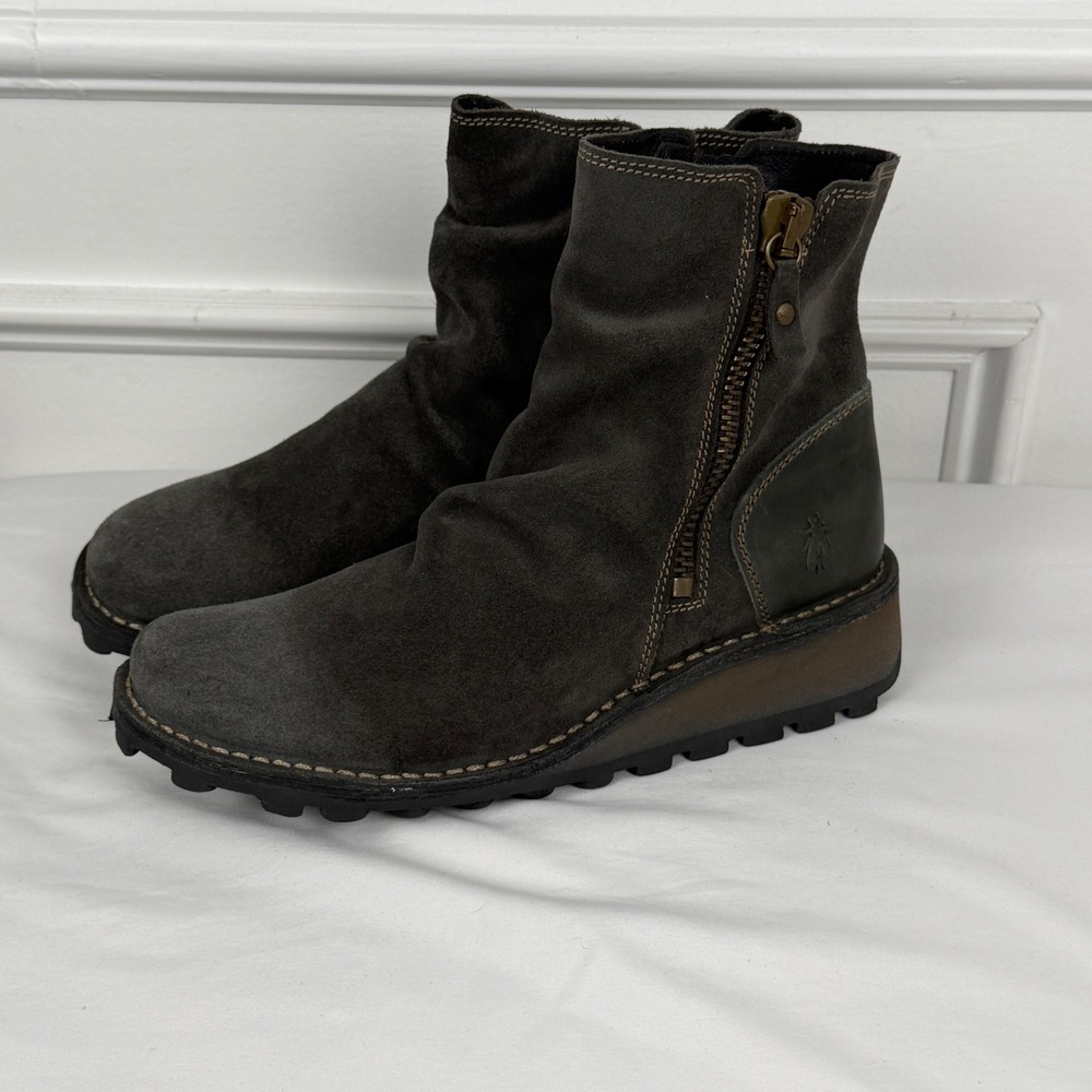 Fly London Mes 2 Grey Suede Leather Wedge Ankle Boots Womens 38 Made Portugal